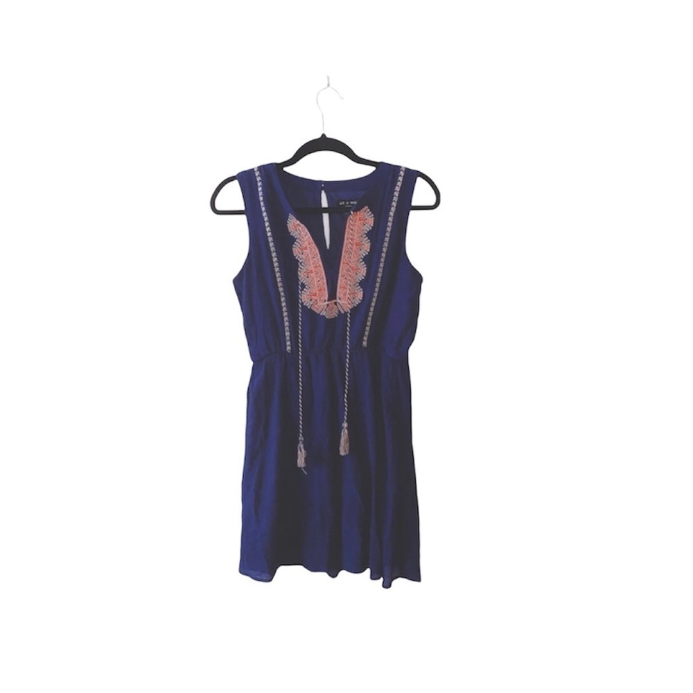 As U Wish Buckle Embroidered Mini Dress Navy Blue Sleeveless Boho Small Women’s